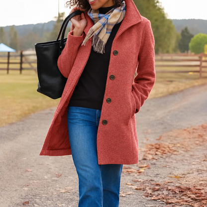 Adah Stand Collar Button Front Coat - Coral