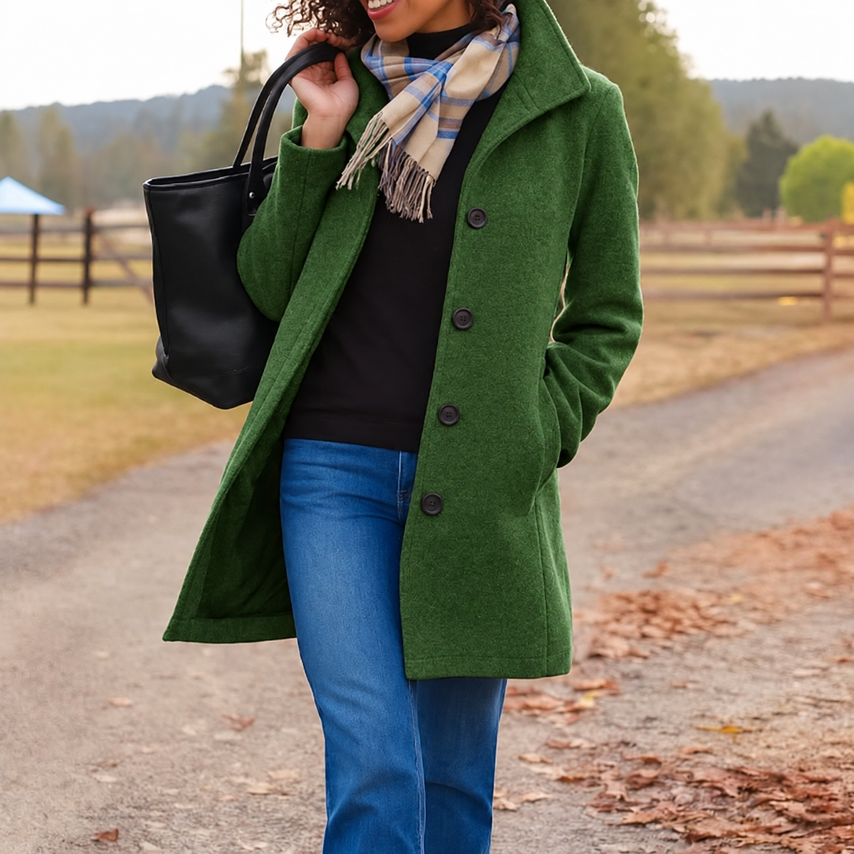 Adah Stand Collar Button Front Coat - Forest Green