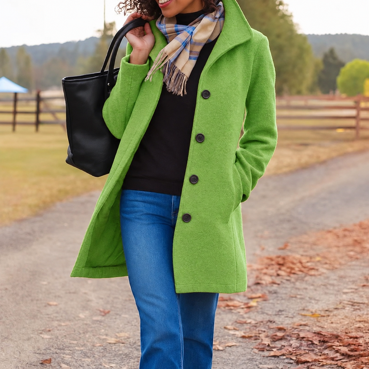 Adah Stand Collar Button Front Coat - Lime Green
