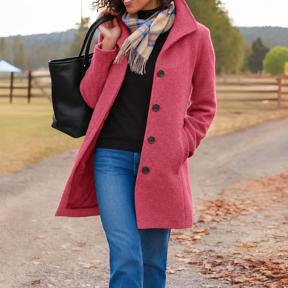 Adah Stand Collar Button Front Coat - Rose Pink