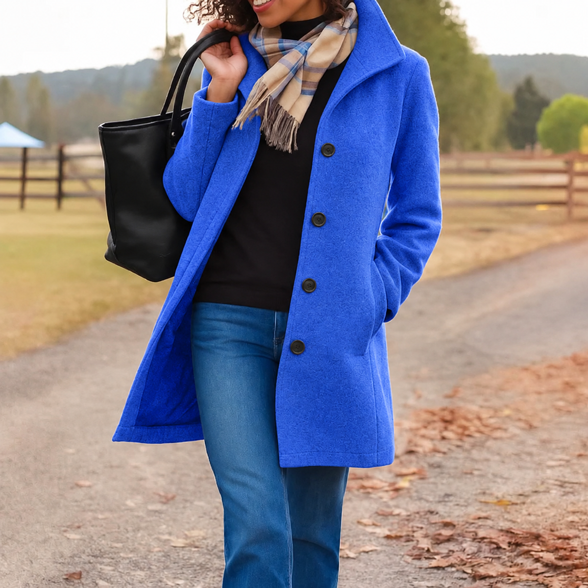 Adah Stand Collar Button Front Coat - Royal Blue
