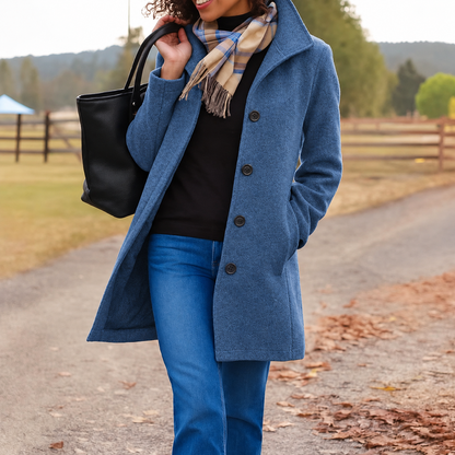 Adah Stand Collar Button Front Coat - Steel Blue