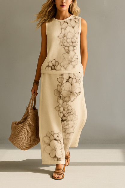 Adara Sleeveless Floral Wide Leg Pant Set - Beige Floral