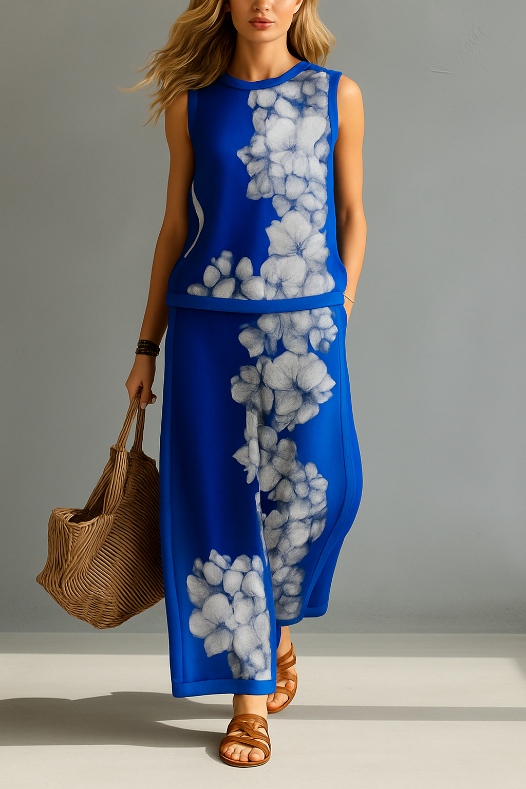 Adara Sleeveless Floral Wide Leg Pant Set - Cobalt Blue Floral