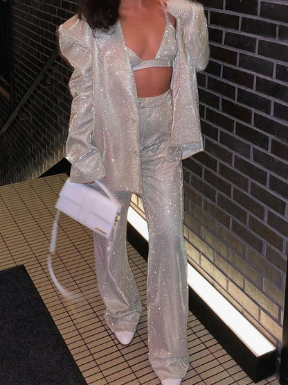Adele Glitter Blazer Trouser Set - Silver