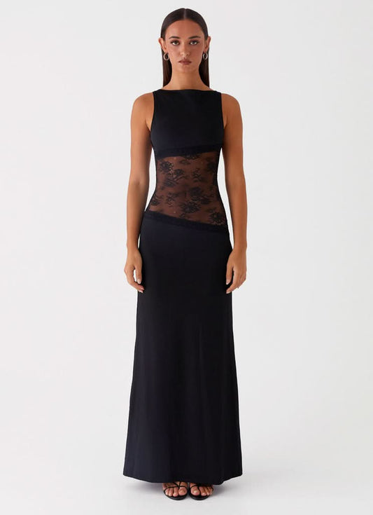 Black sleeveless maxi dress with sheer lace cutout at waist
