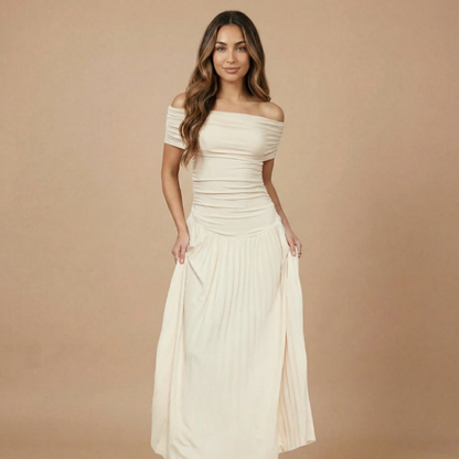 Cream off-shoulder ruched maxi dress with pleated skirt and short sleeves for women