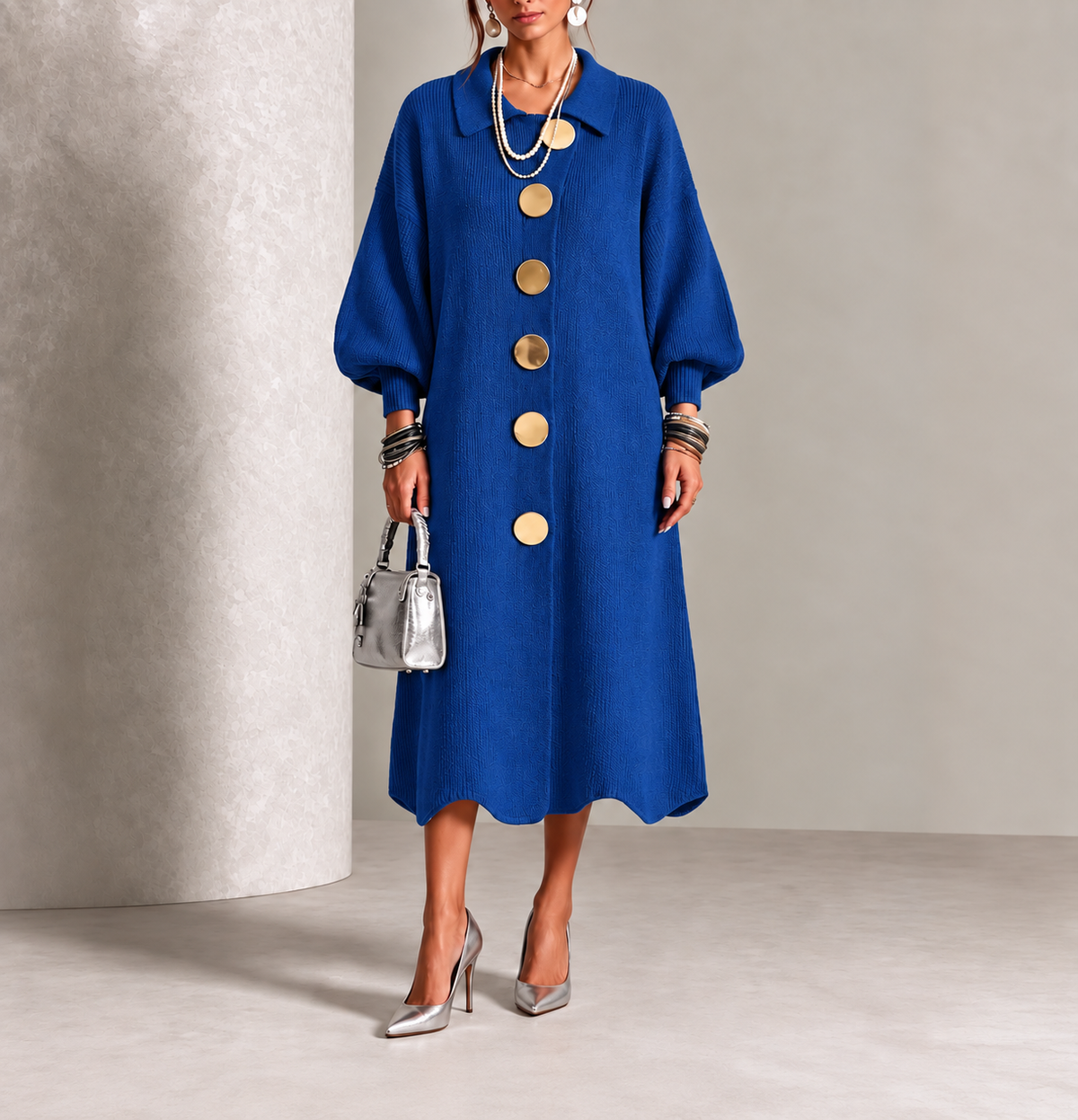 Aeliana Button-Front Midi Dress - Blue