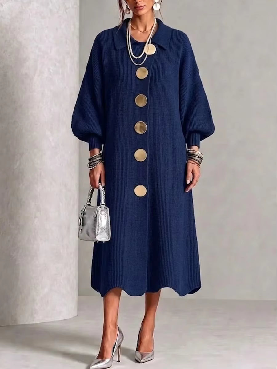 Aeliana Button-Front Midi Dress - Navy Blue