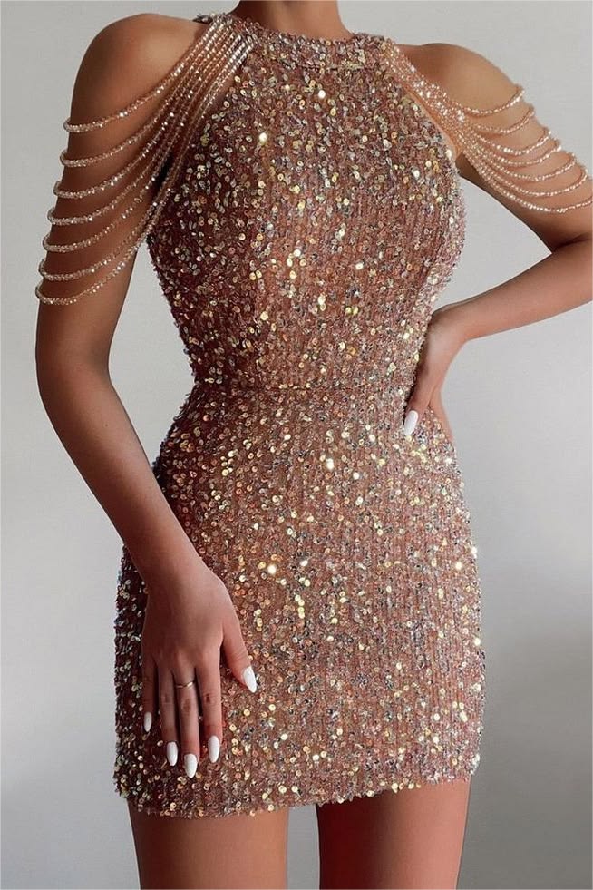Agathe Sequin Chain Shoulder Mini Dress - Champagne