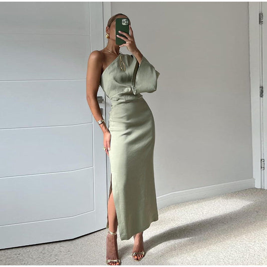 Sage green satin midi dress with one-shoulder neckline and draped bodice for women