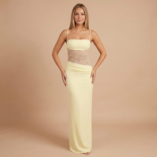 Pale yellow maxi dress with lace mesh waist and thin straps