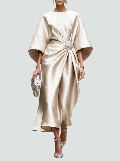 Champagne satin midi dress with batwing sleeves and side drape detail