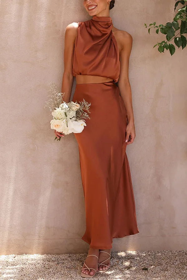 Rust satin draped halter crop top and maxi skirt set