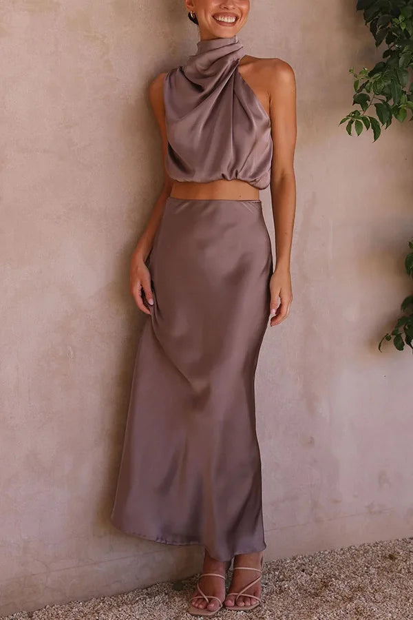 Taupe satin draped halter crop top and maxi skirt set