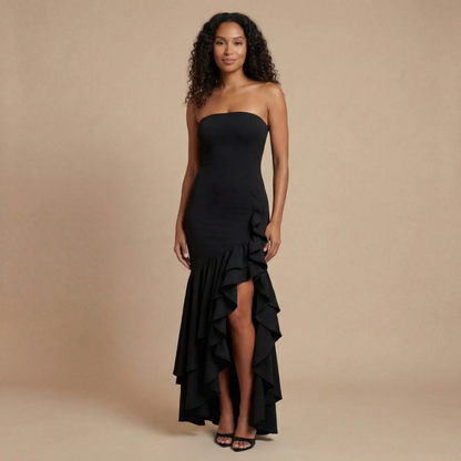 Black strapless ruffle maxi dress with asymmetrical high-low hem
