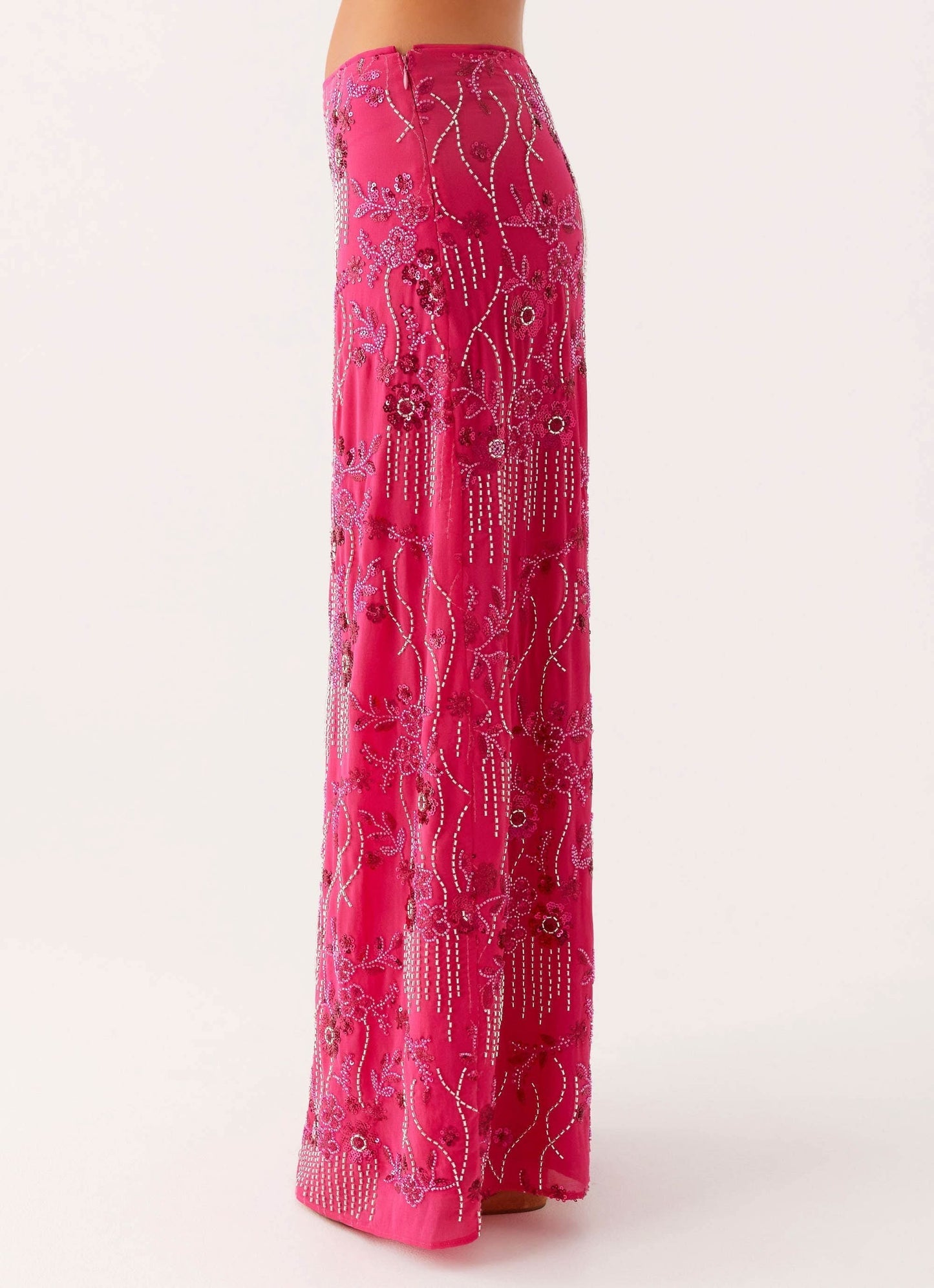 Back view of pink sequin maxi skirt with ornate beaded design