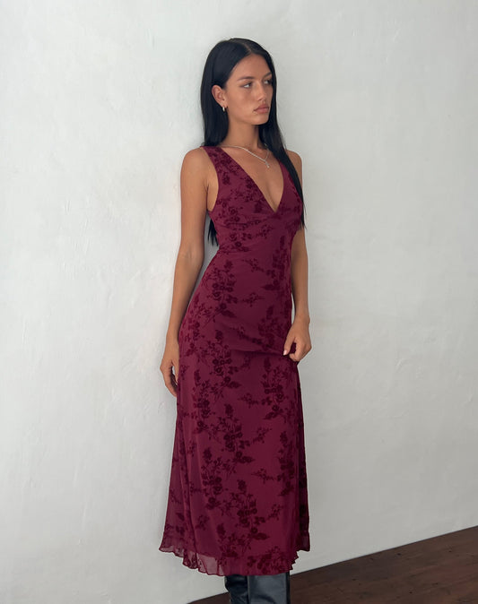 Burgundy velvet midi dress with floral burnout pattern and deep V-neckline