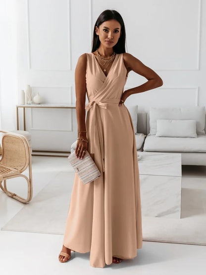 Beige wrap maxi dress with sleeveless cut and waist tie detail
