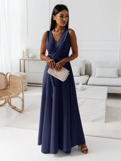 Navy wrap maxi dress with v-neck and draped side detail