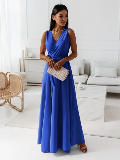 Royal blue wrap maxi dress with sleeveless v-neckline and tie waist