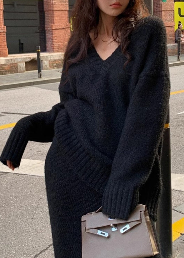 Aleta V-Neck Knit Sweater Skirt Set - Black