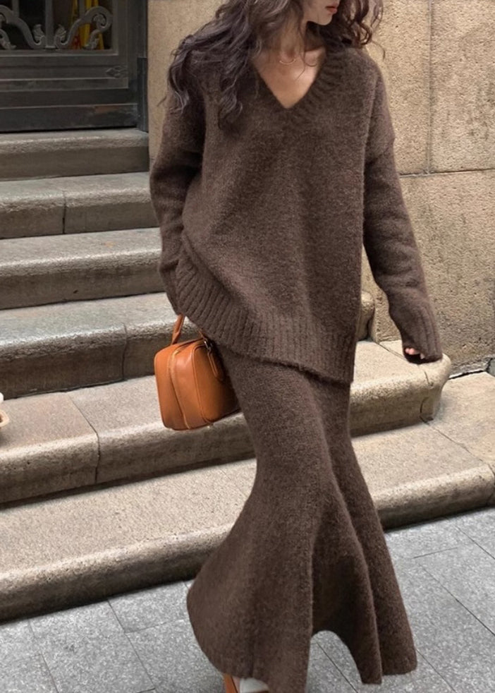 Aleta V-Neck Knit Sweater Skirt Set - Chocolate Brown