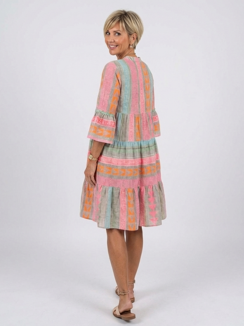 Aletta Geometric Print Tiered Mini Dress - Pink and Sage Geometric