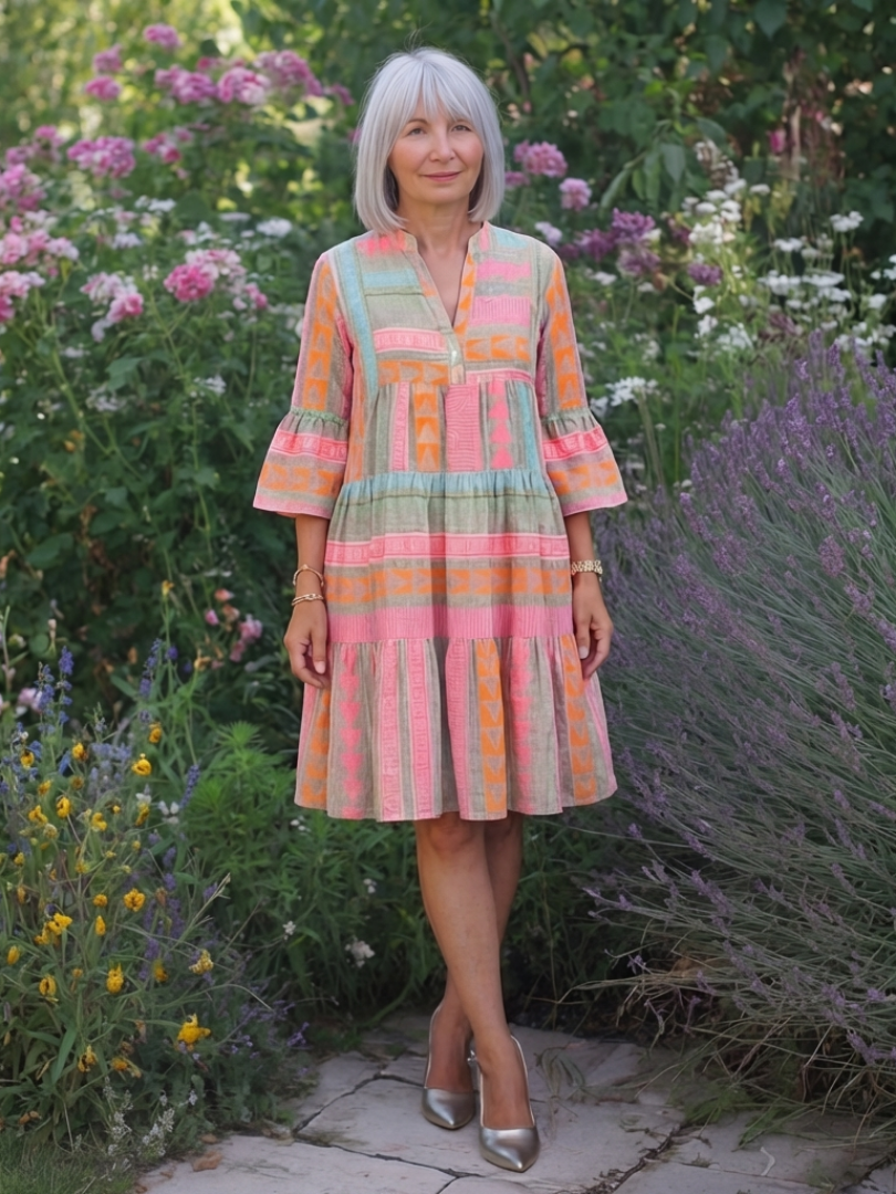 Aletta Geometric Print Tiered Mini Dress - Pink and Sage Geometric