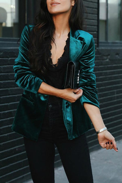 Almira Notched Lapel Velvet Blazer - Emerald Green