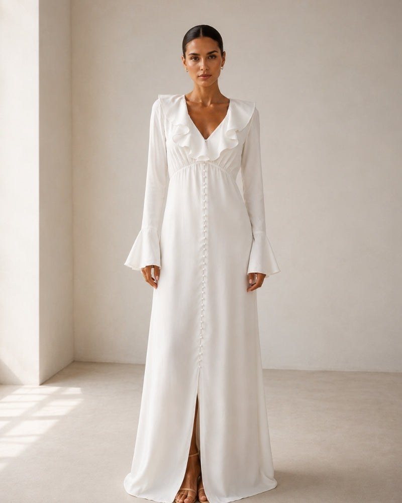 Alouette Ruffle Neck Pearl Button Maxi Dress - Ivory
