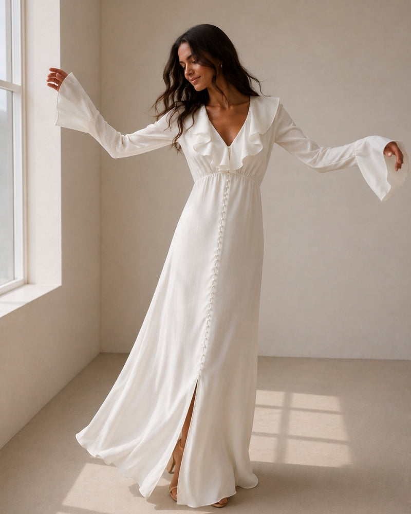 Alouette Ruffle Neck Pearl Button Maxi Dress - Ivory
