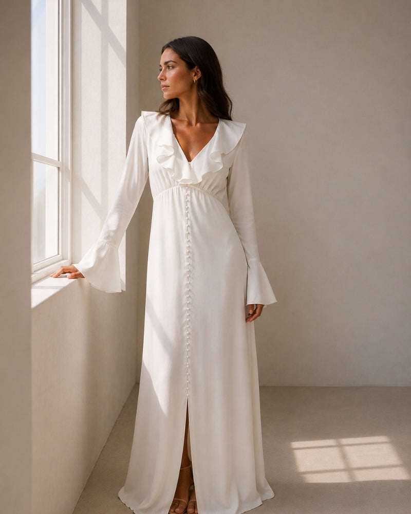 Alouette Ruffle Neck Pearl Button Maxi Dress - Ivory