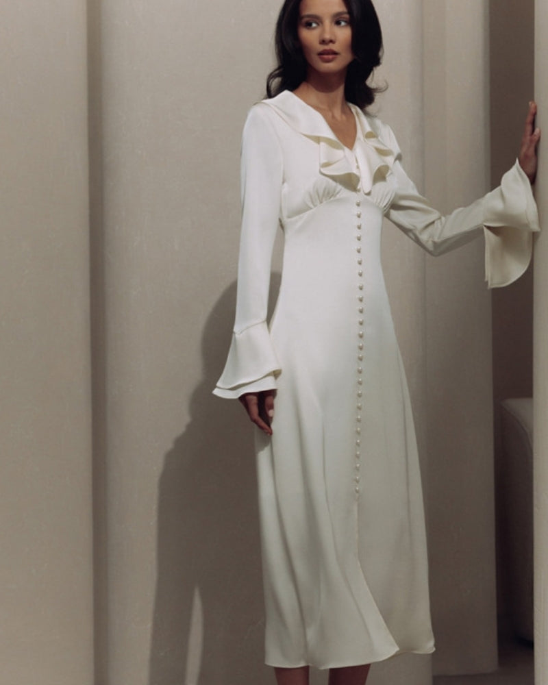 Alouette Ruffle Neck Pearl Button Maxi Dress - Ivory