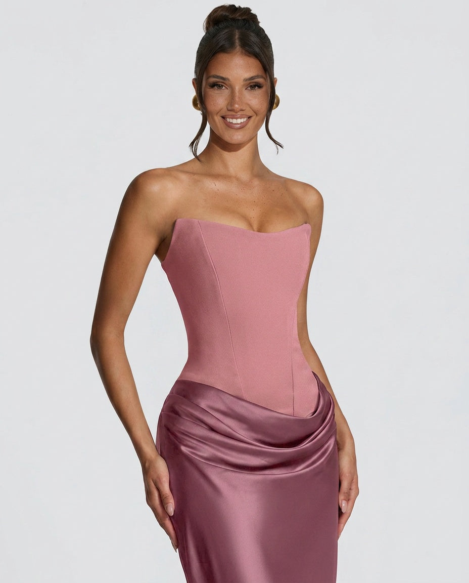 Altaira Strapless Corset Draped Maxi Dress - Dusty Rose