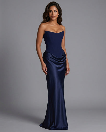 Altaira Strapless Corset Draped Maxi Dress - Navy
