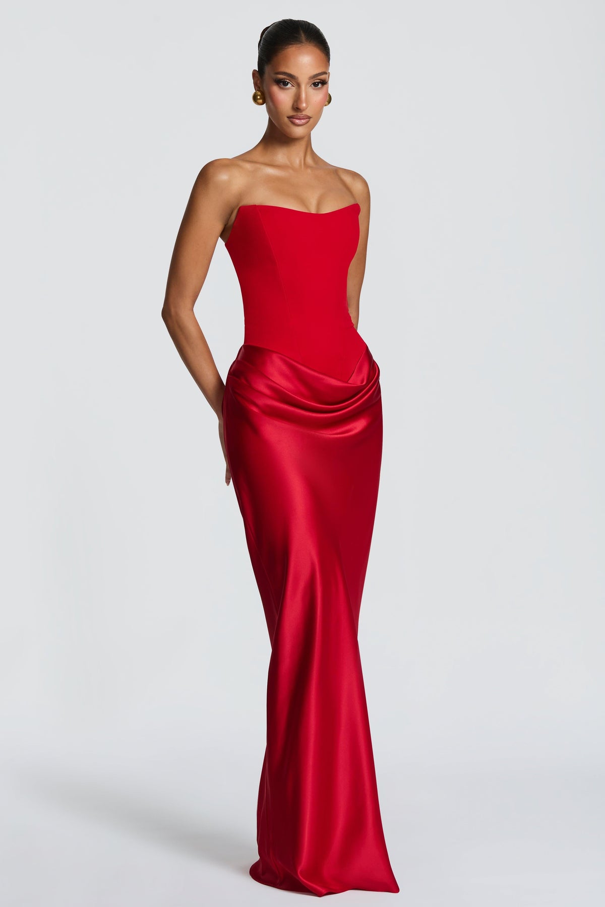 Altaira Strapless Corset Draped Maxi Dress - Red