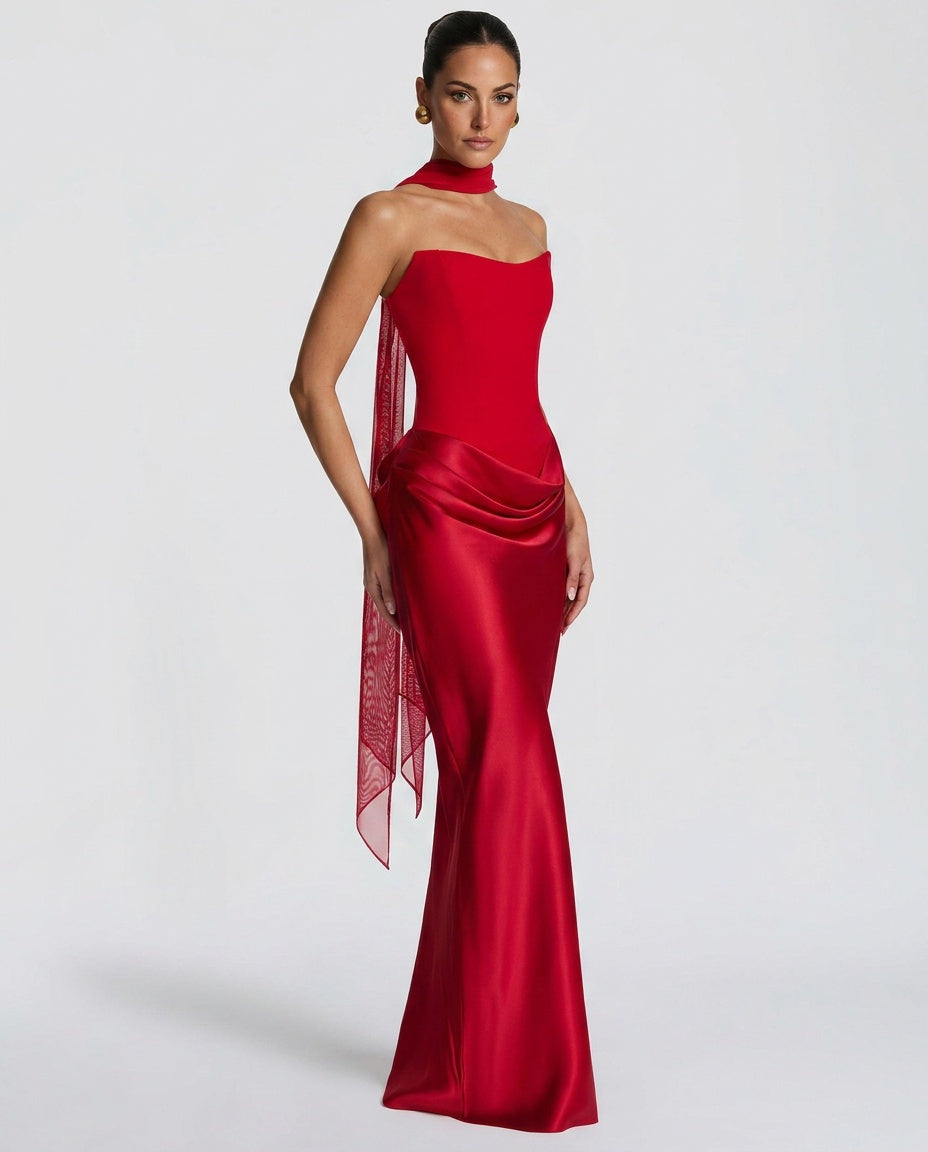 Altaira Strapless Corset Draped Maxi Dress - Red