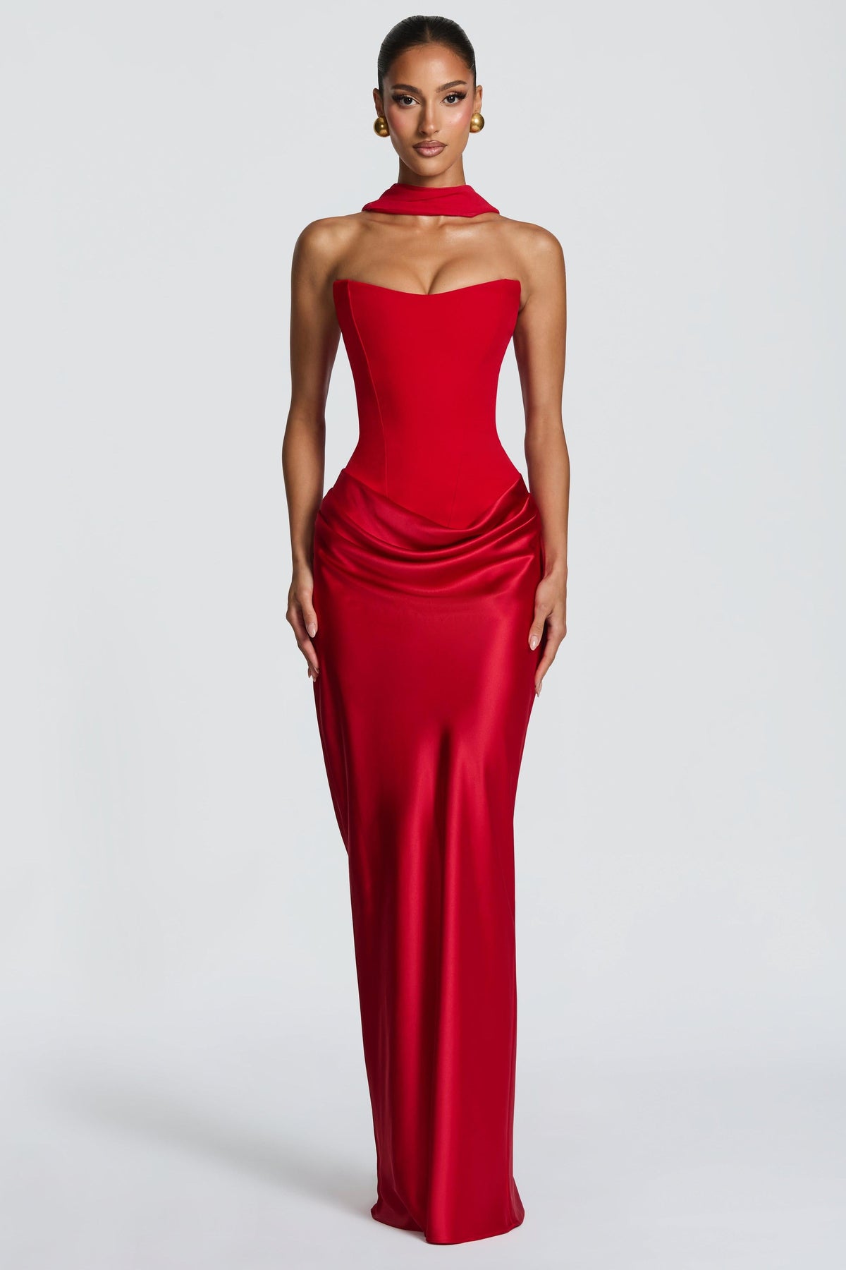 Altaira Strapless Corset Draped Maxi Dress - Red
