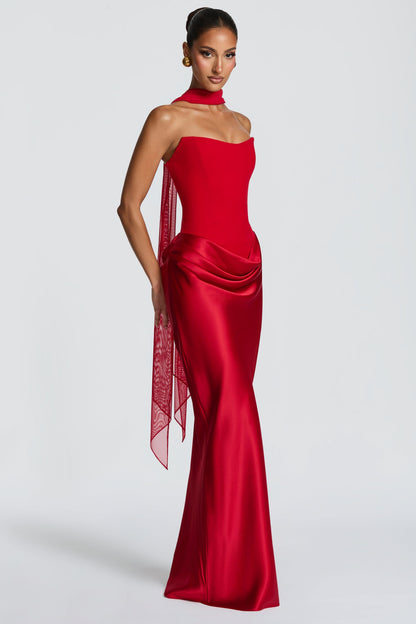 Altaira Strapless Corset Draped Maxi Dress - Red