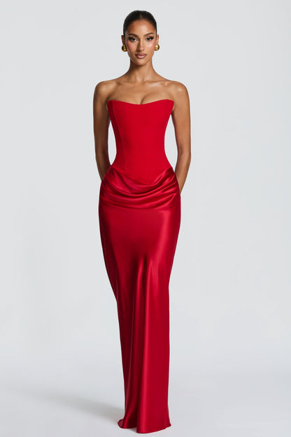 Altaira Strapless Corset Draped Maxi Dress - Red