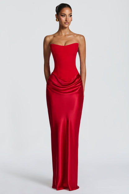 Altaira Strapless Corset Draped Maxi Dress - Red