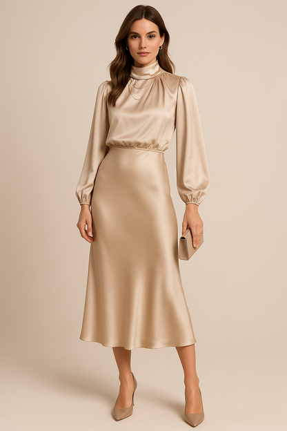 Beige draped midi dress front view with puffed sleeves and gathered waist