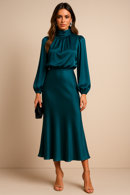 Teal draped midi dress front view with gathered turtleneck detail