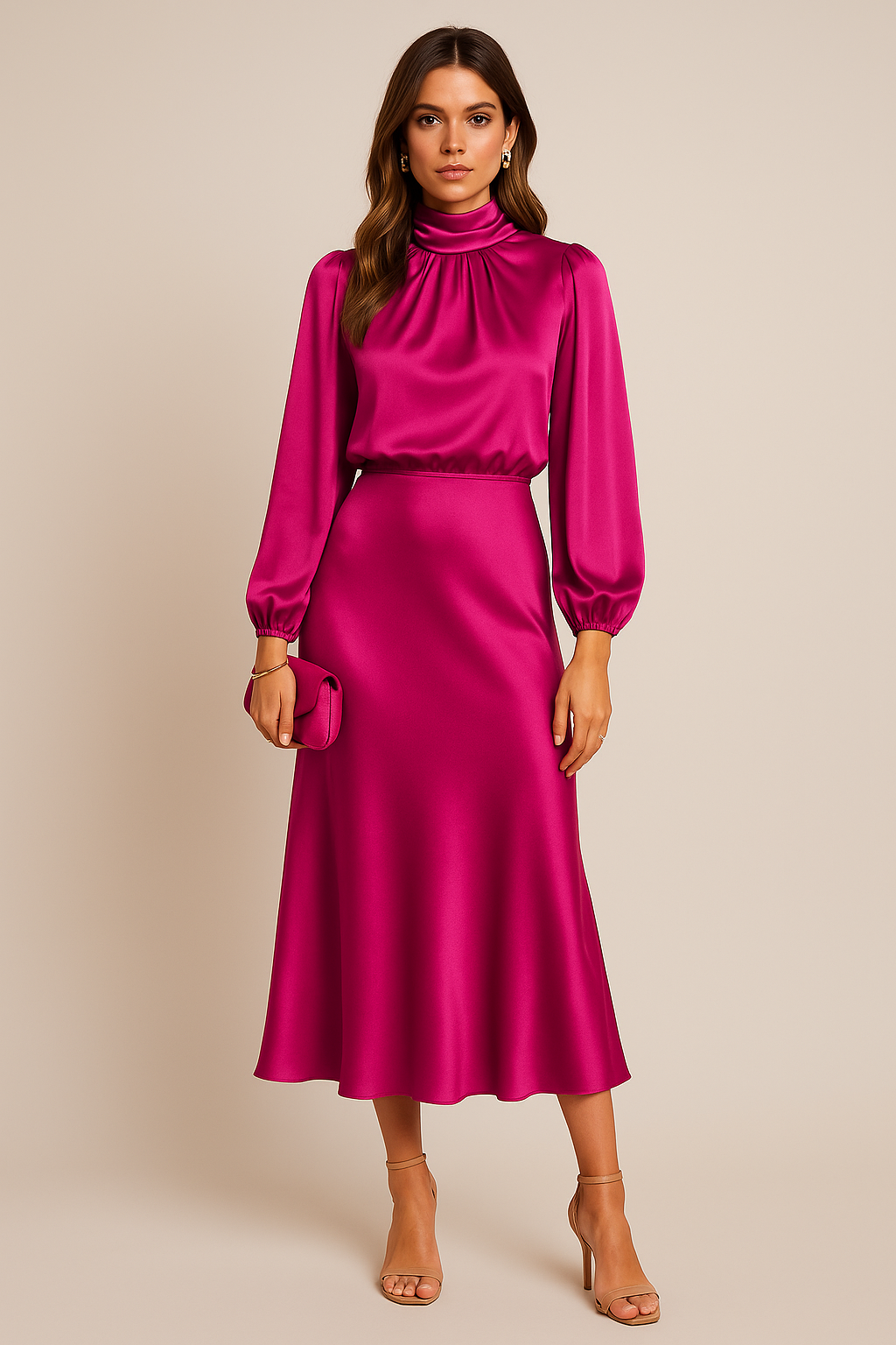 Magenta draped midi dress with turtleneck and billowing long sleeves