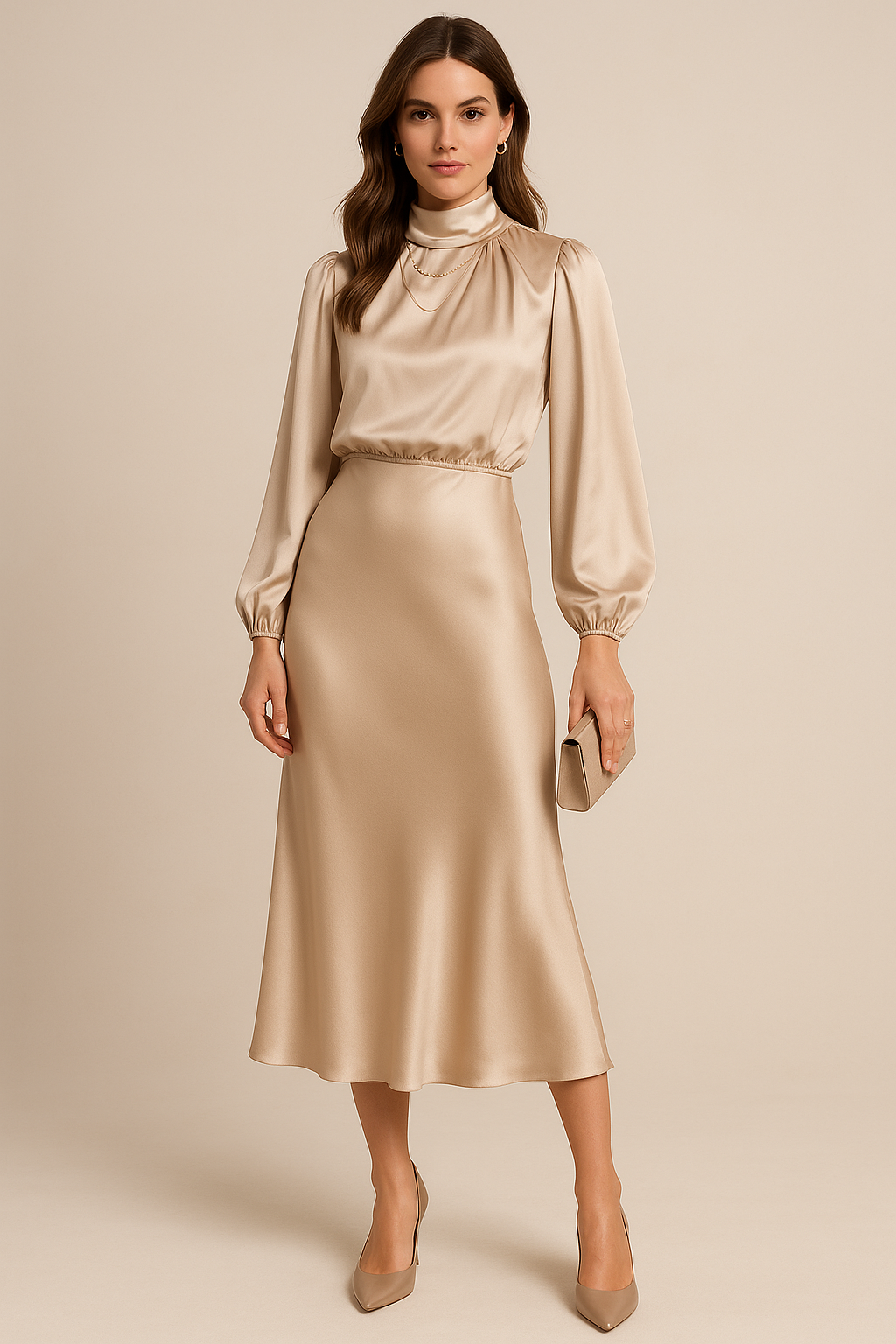Cream draped midi dress with high neckline and gathered long sleeves