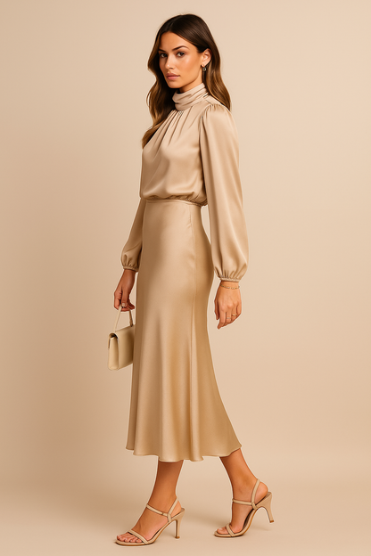 Beige draped midi dress side profile with turtleneck and puffed sleeves