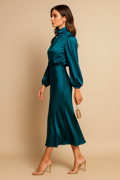 Teal draped midi dress with cowl neckline and voluminous long sleeves