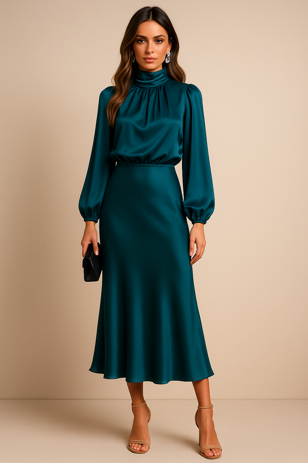 Teal draped midi dress front view with gathered cowl neck and puffed sleeves