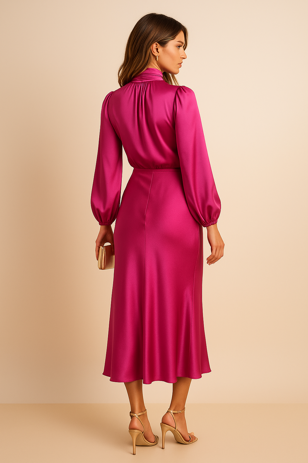 Magenta draped midi dress back view showing cowl neckline and flowing sleeves